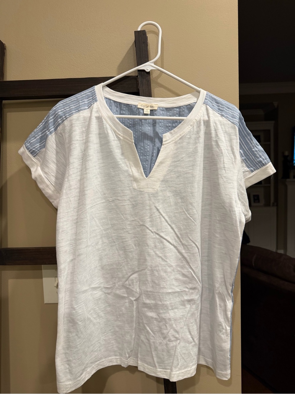 Women's White Cotton Split-Neck Tunic with Light Blue Shoulder Panels